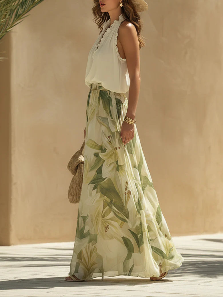 Set di Top Senza Maniche in Chiffon con Volant e Pantaloni con Stampa di Gigli