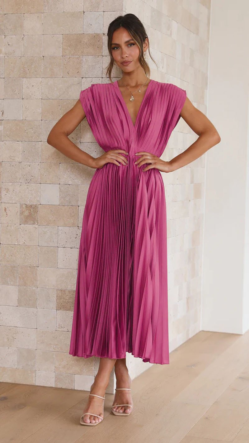 Elegante Abito Midi Fluido con V-Scollo e Pieghe in Satin