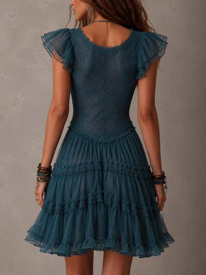 Mini Abito Ruffle in Pizzo Blu Retro e Chiffon