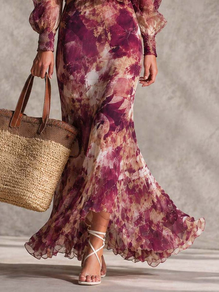 Abito Maxi in Chiffon Rosa Floreale Off-Shoulder
