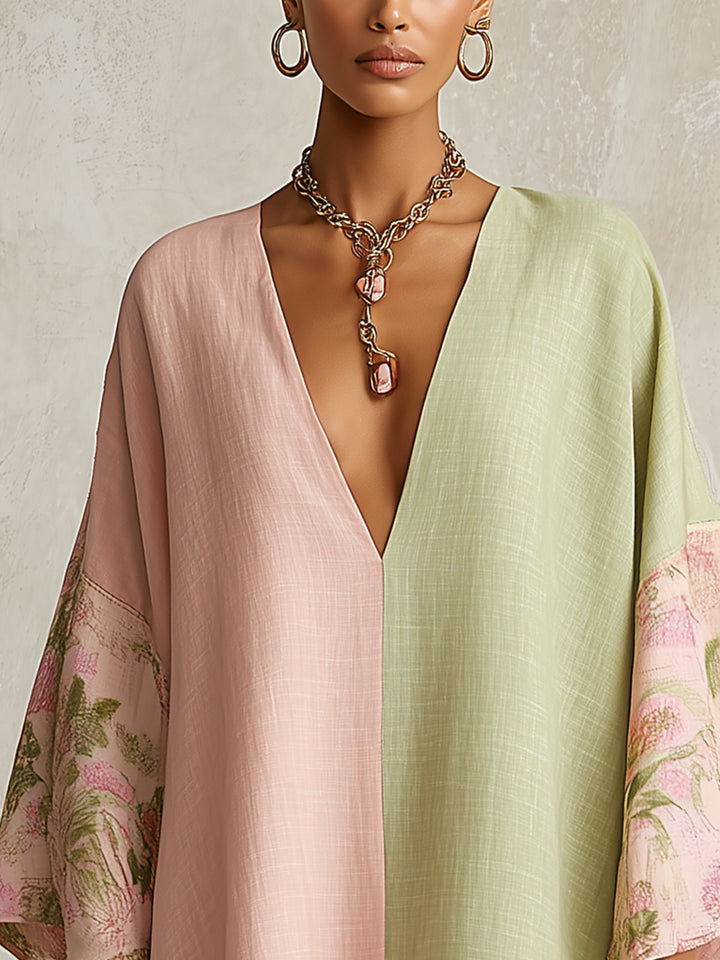 Abito Midi Color-Block Verde e Rosa con Fiori