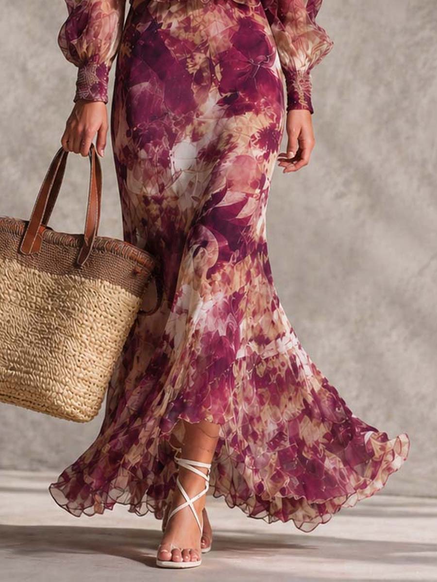 Abito Maxi in Chiffon Rosa Floreale Off-Shoulder
