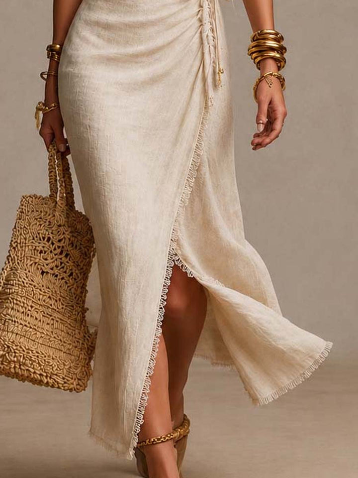 Abito maxi avvolgente in lino finto beige con bordo in pizzo