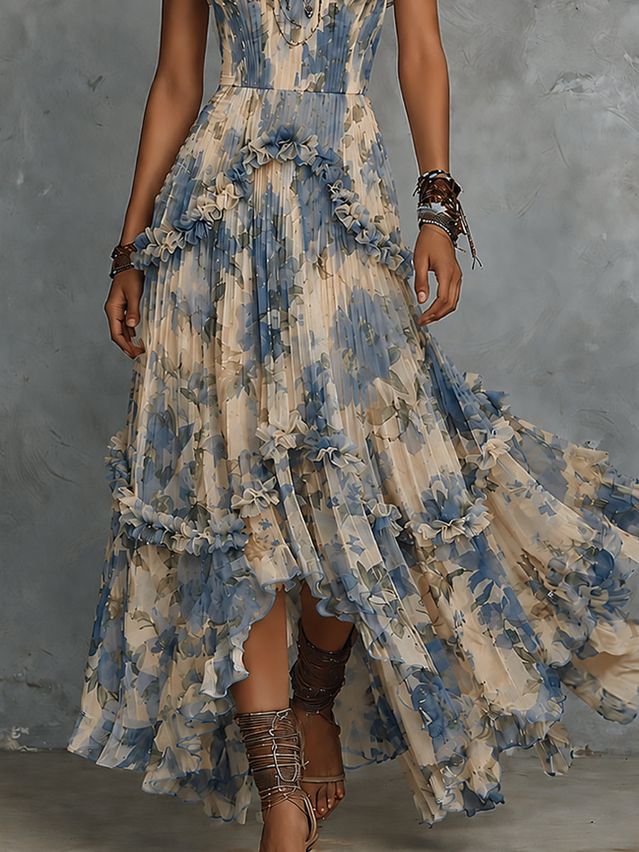 Elegante abito maxi in chiffon stampato senza spalline con volant