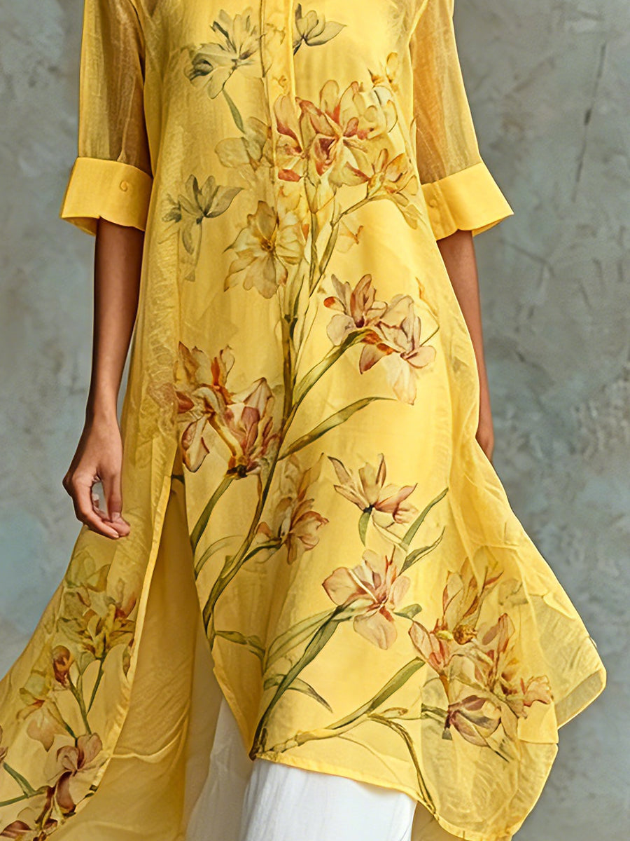 Abito Midi a Maniche Corte con Stampa Floreale e Set di Vestito Sottoveste