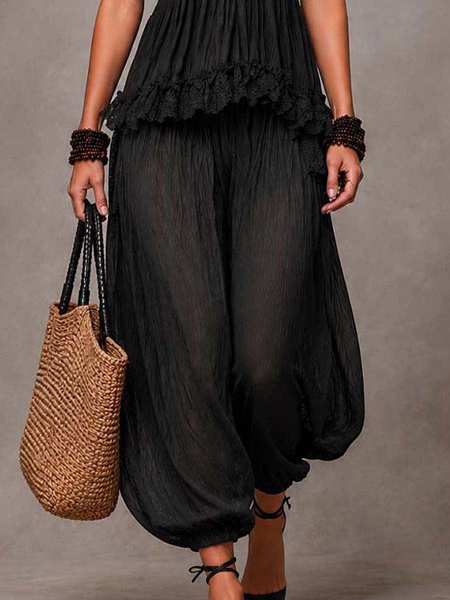 Set Top in Pizzo V-Neck Bohemien Nero e Pantaloni Harem
