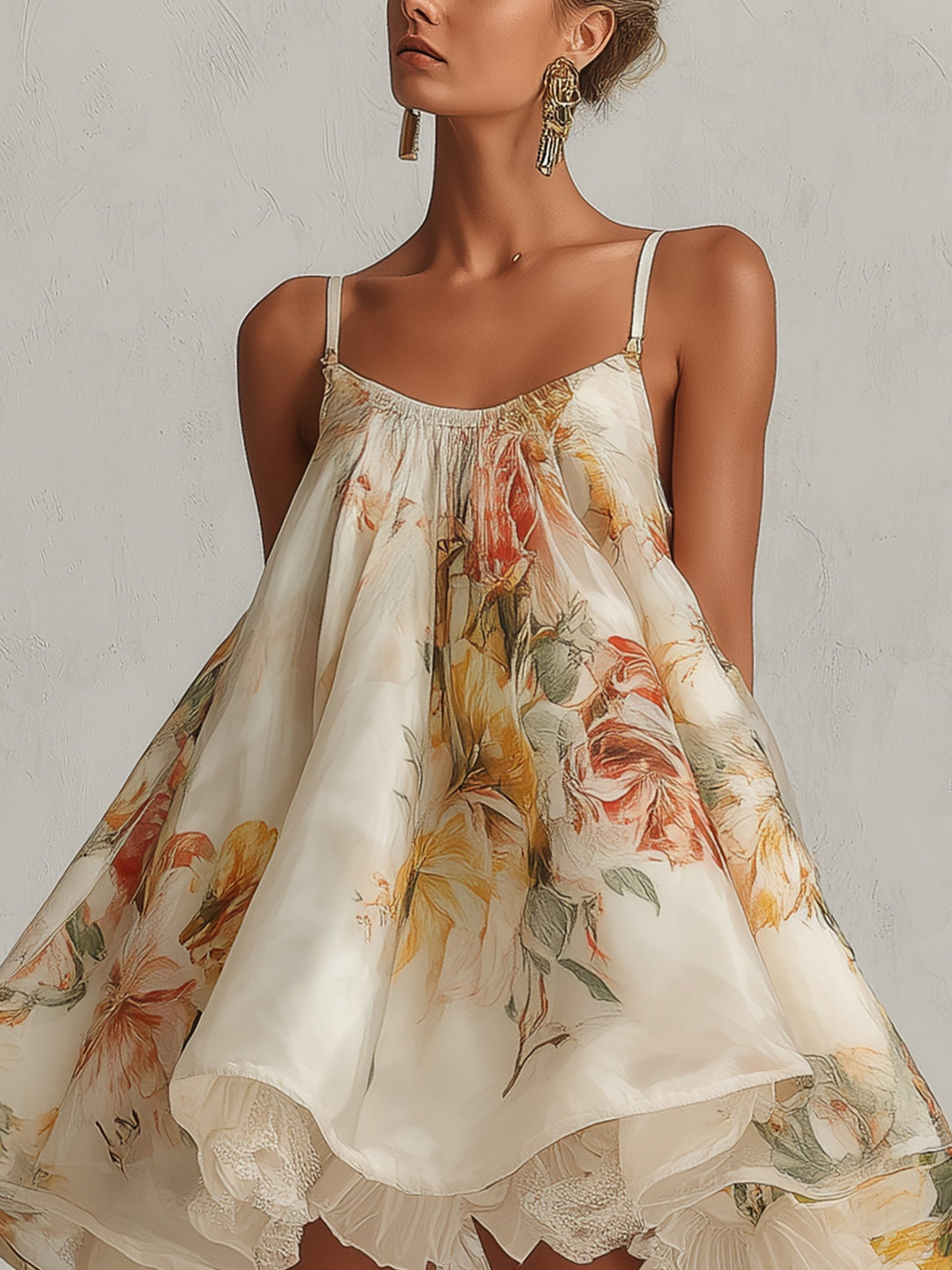 Abito mini A-line in organza floreale beige con bordi in pizzo