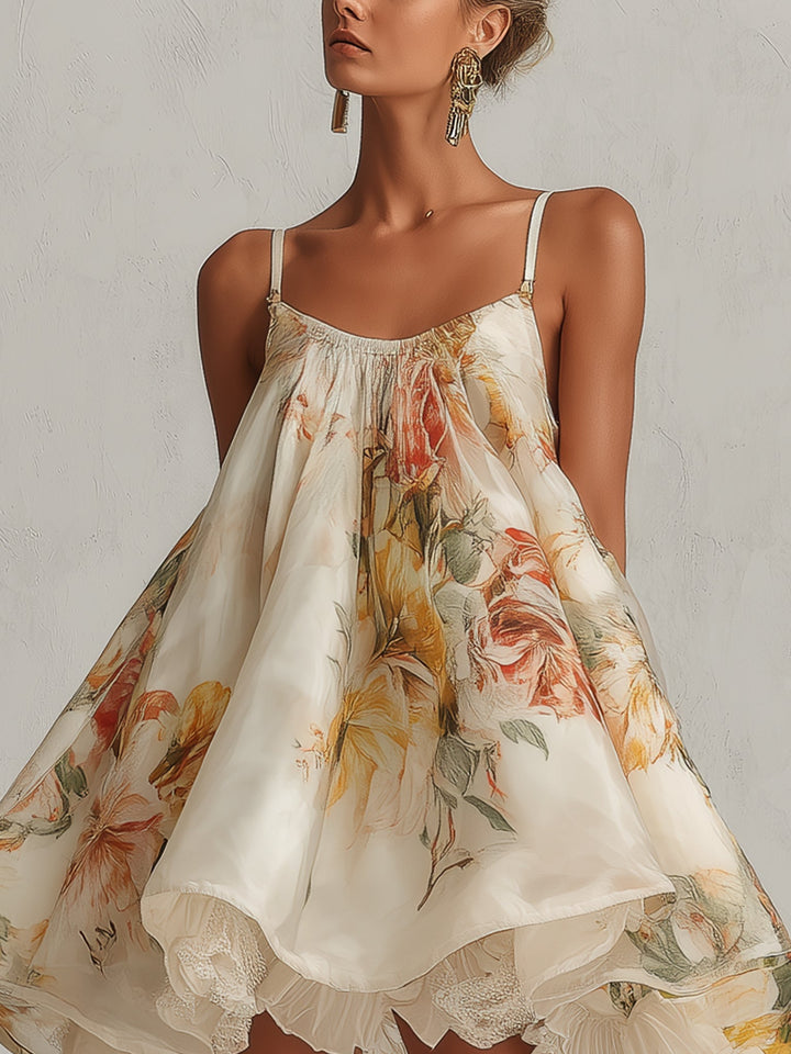 Abito mini A-line in organza floreale beige con bordi in pizzo