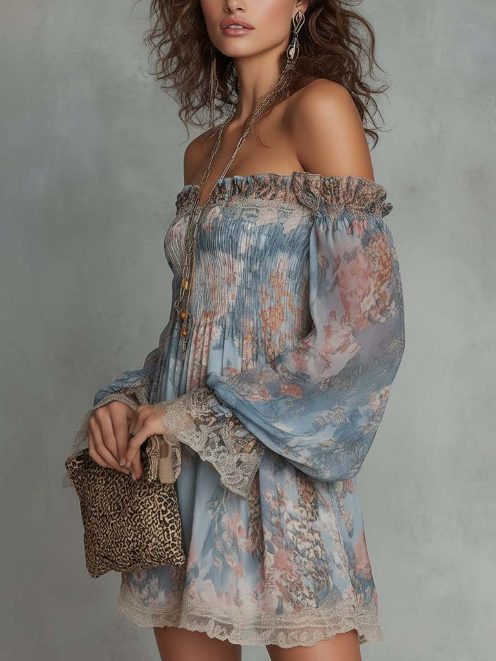 Romane | Abito Mini in Chiffon Arricciato con Spalle Scoperte e Fiori Romantici
