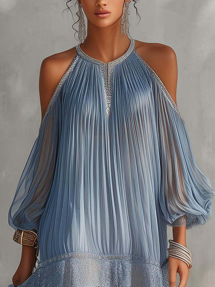 Abito Mini Blu Off-Shoulder Ruché con Orlo in Pizzo