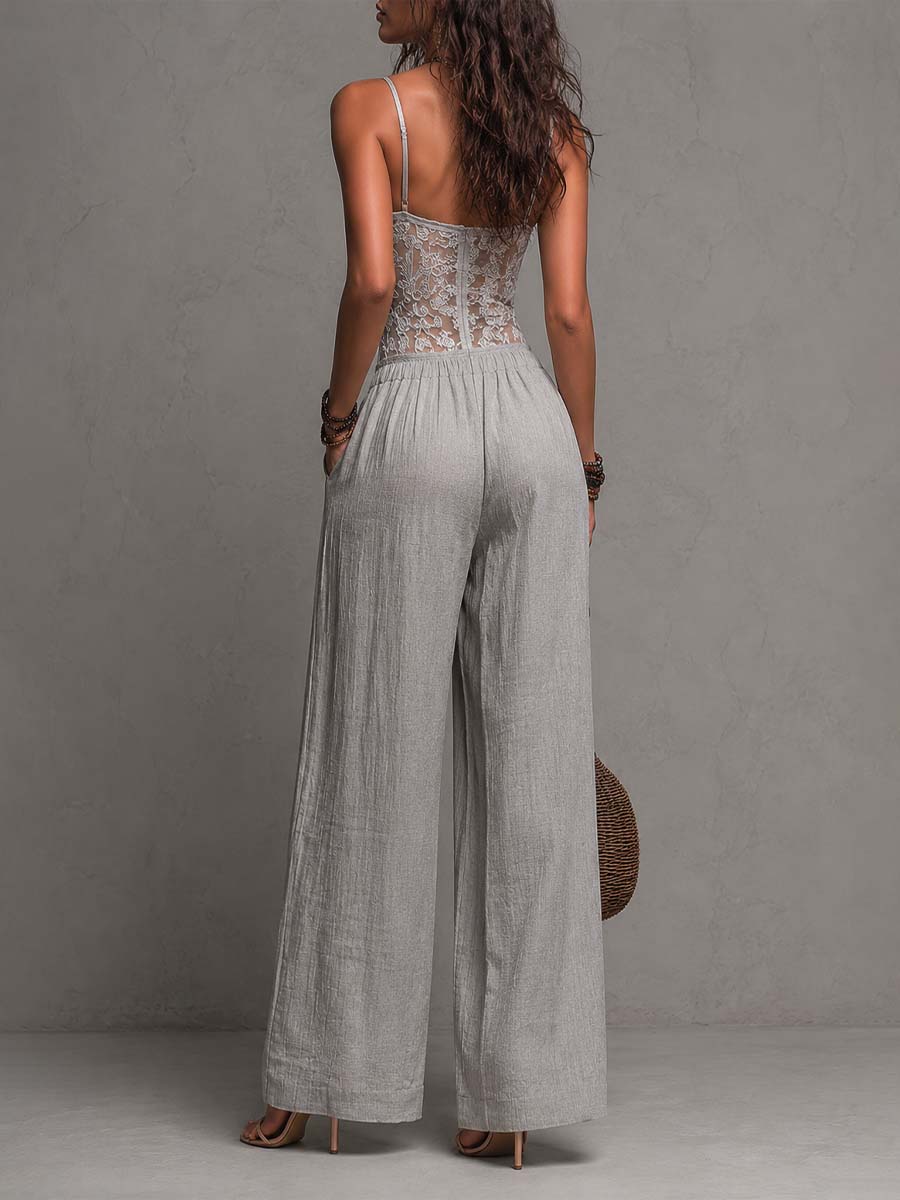 Jumpsuit Bohemien Grigio con Pizzo e Pieghe a Gamba Larga