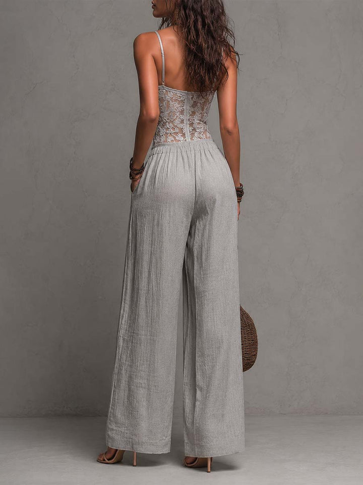 Jumpsuit Bohemien Grigio con Pizzo e Pieghe a Gamba Larga