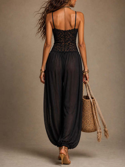 Tutina Harem con Spalline in Chiffon e Pizzo Nero
