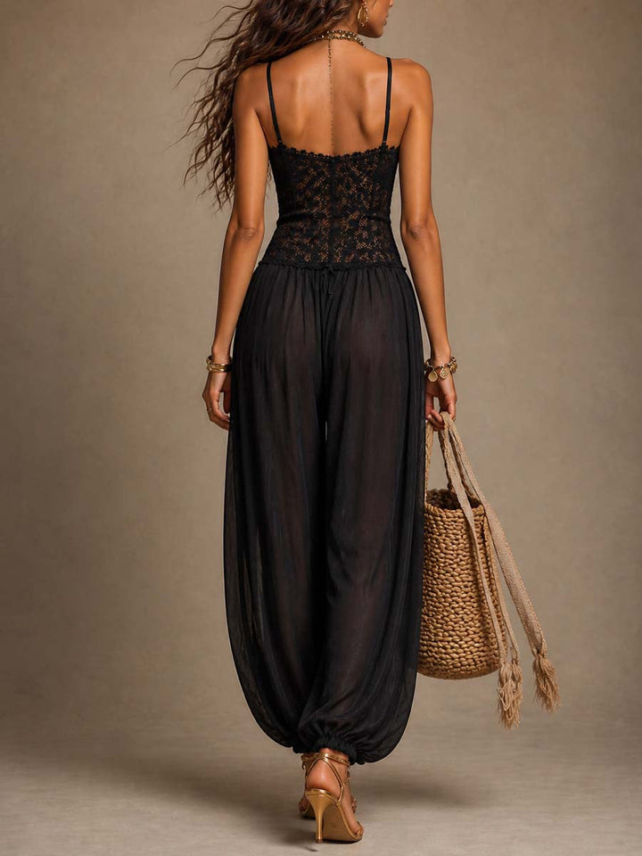 Tutina Harem con Spalline in Chiffon e Pizzo Nero