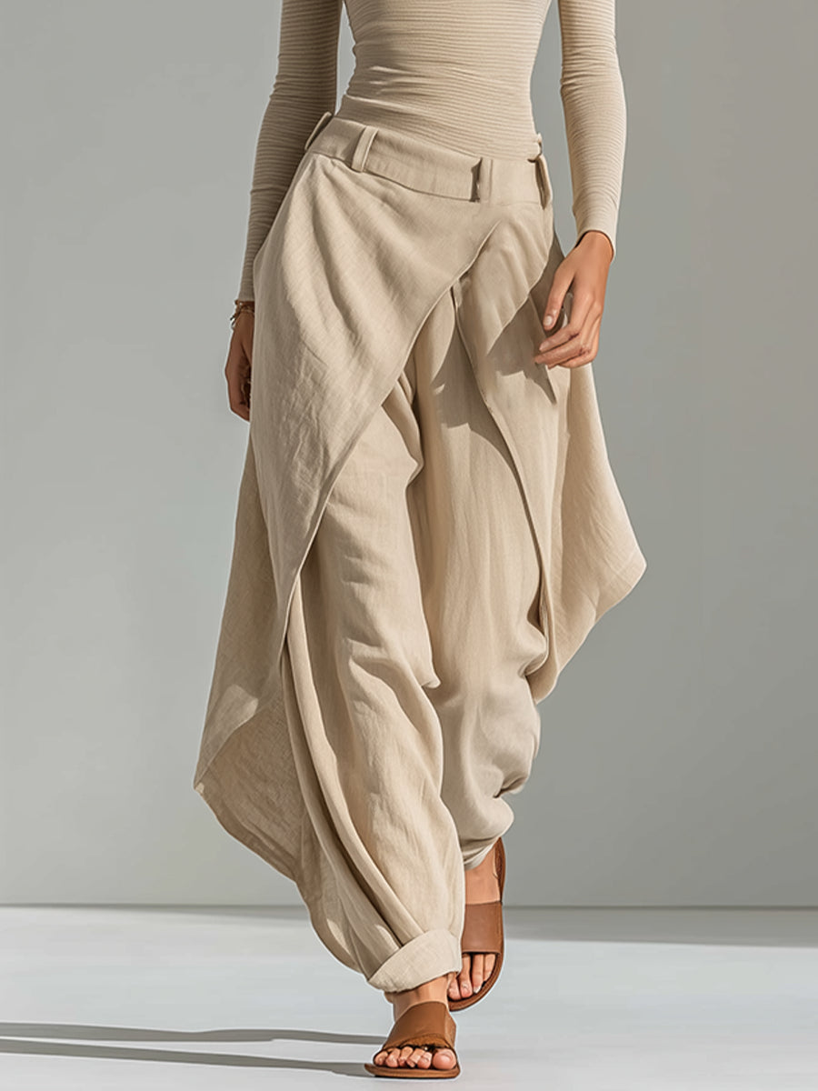 Top Beige con scollo a barca e set di pantaloni larghi stratificati