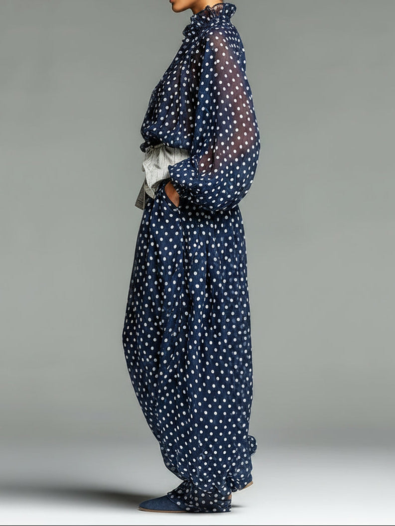 Set di Top e Pantaloni in Chiffon a Pois Casual con Maniche Lunghe e Vestibilità Larga (Cintura inclusa)