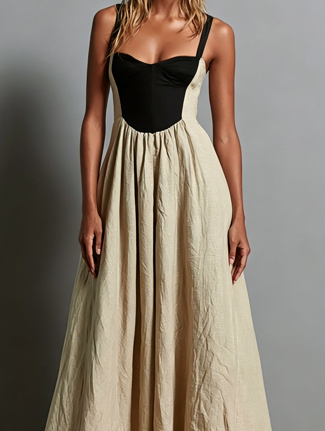 Abito Maxi Senza Maniche Khaki con Scollo Quadrato e Pannelli Colorati
