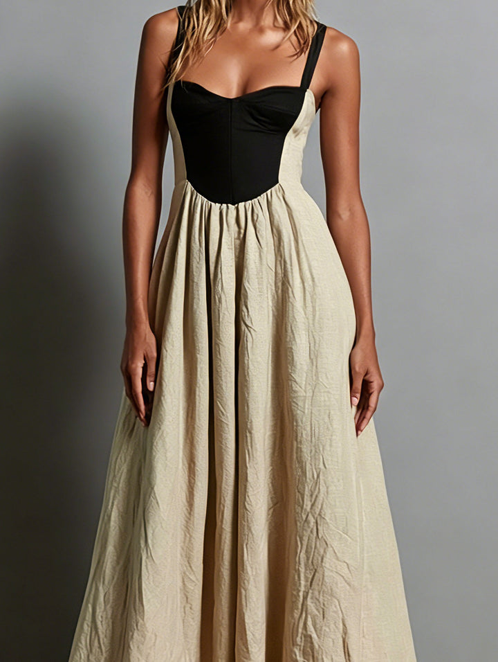 Abito Maxi Senza Maniche Khaki con Scollo Quadrato e Pannelli Colorati