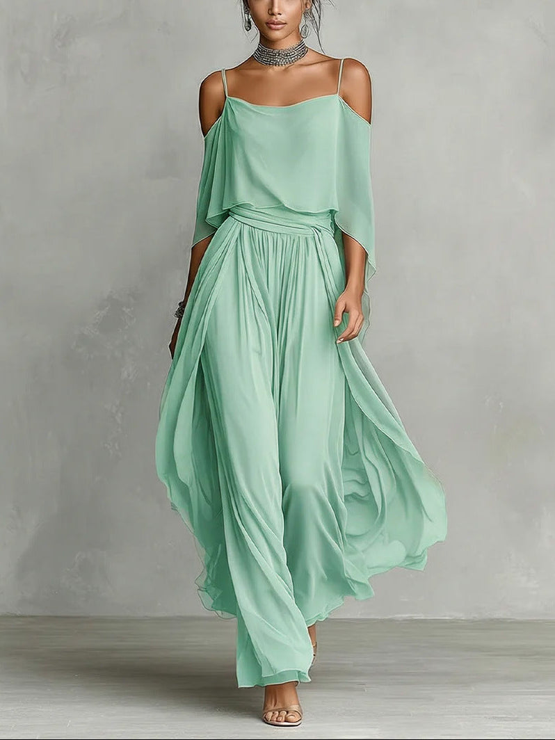 Set in chiffon grigio con canotta fluida e pantaloni a spalle scoperte