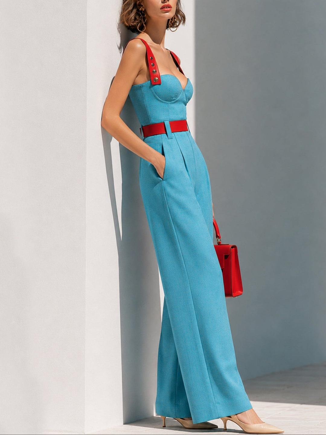 Camisole Jumpsuit Color Block Rosso e Blu Elegante (Cintura Inclusa)