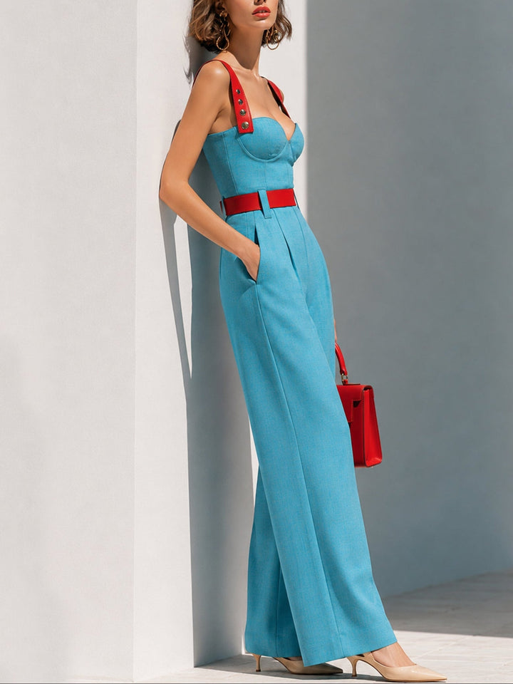 Camisole Jumpsuit Color Block Rosso e Blu Elegante (Cintura Inclusa)