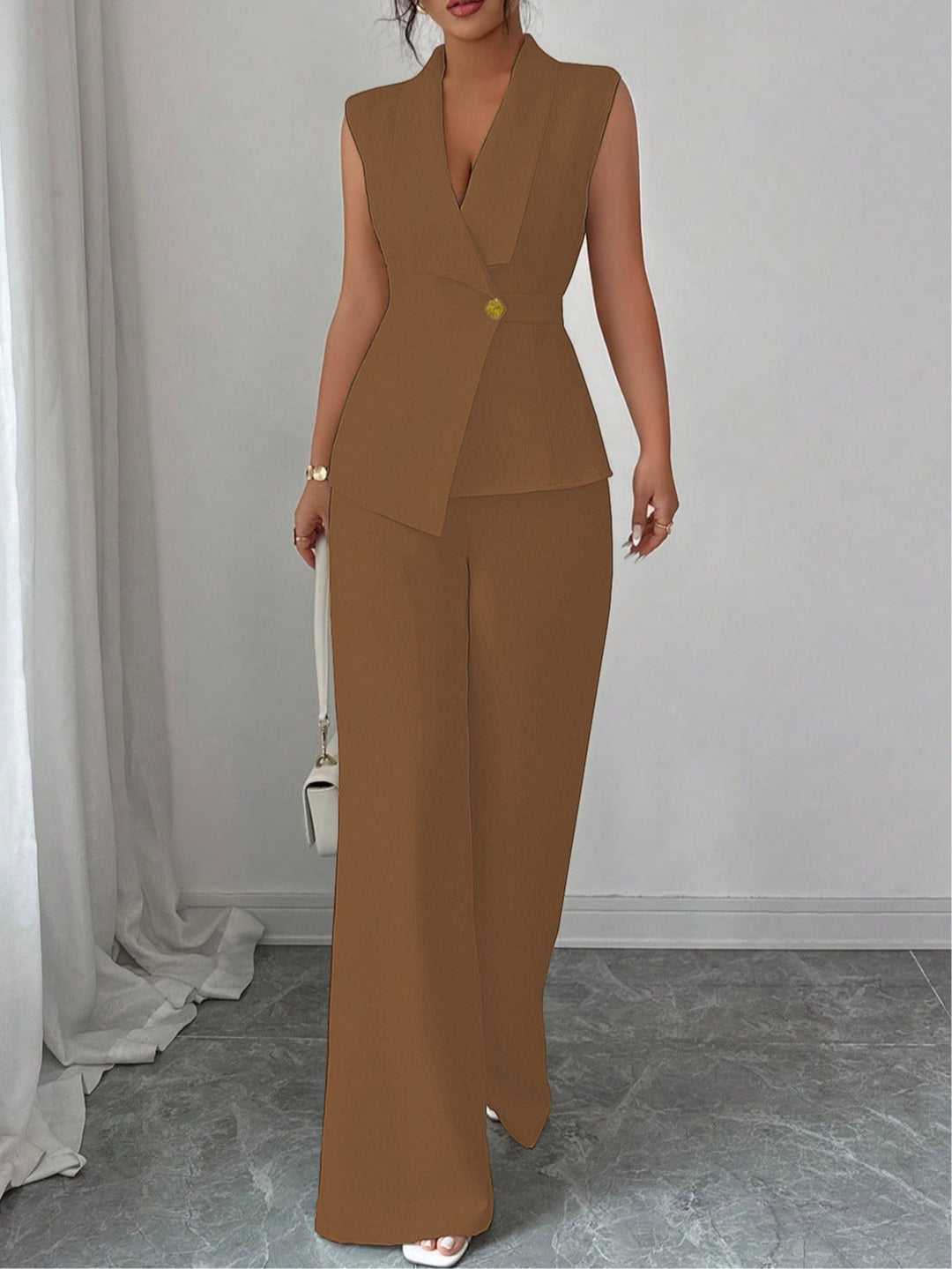 Set di Gilet Elegante in Colore Unito e Pantaloni a Gamba Dritta da Donna