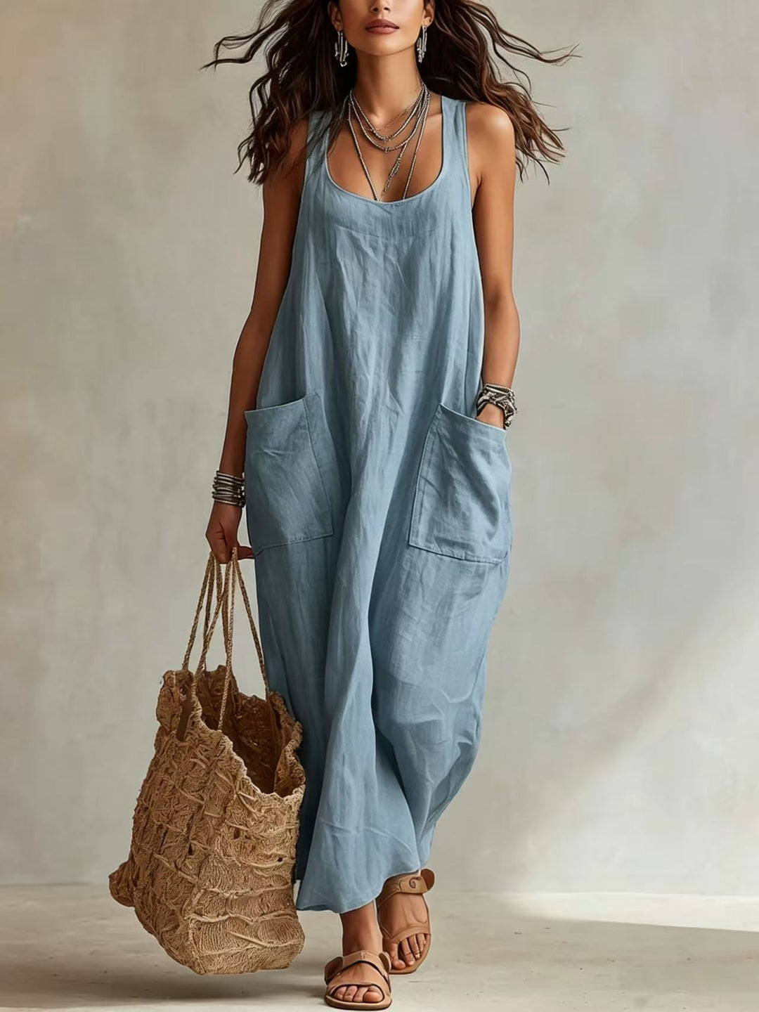Abito Maxi Slip Minimalista Casual con Tasche
