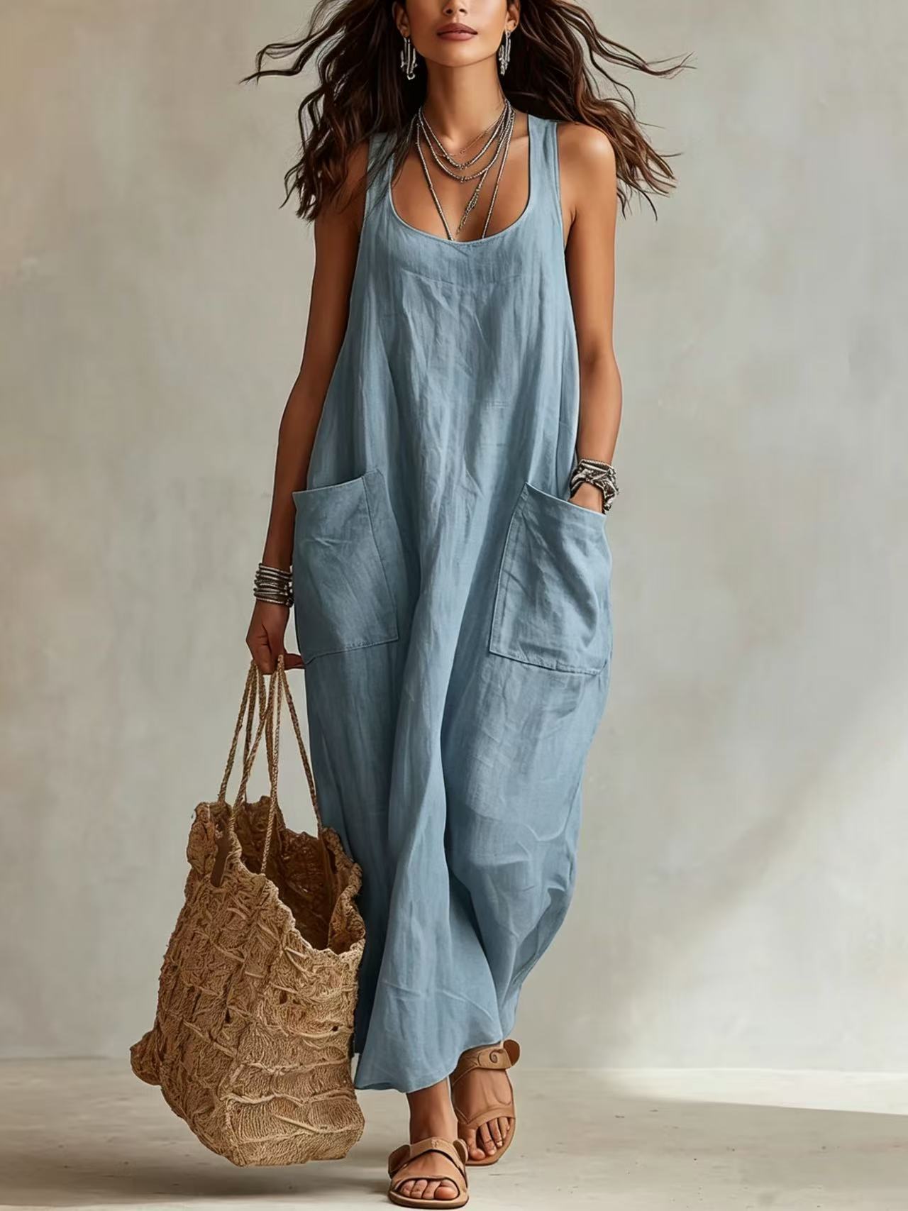 Abito Maxi Slip Minimalista Casual con Tasche