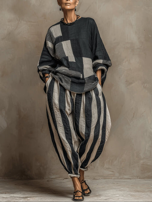 Set di top e pantaloni a maniche lunghe stampato a blocchi di colore