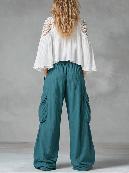 Set di camicia in pizzo vintage bohemien con ritagli e pantaloni cargo