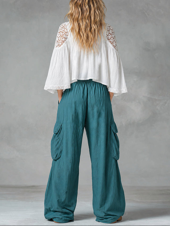Set di camicia in pizzo vintage bohemien con ritagli e pantaloni cargo