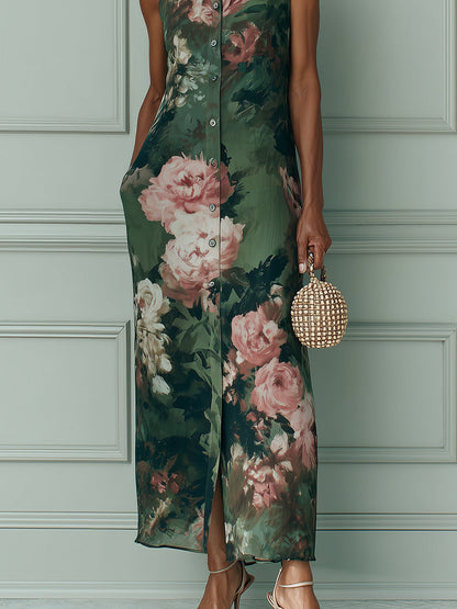 Abito Maxi a Stampa Floreale Vintage in Stile Pittura ad Olio