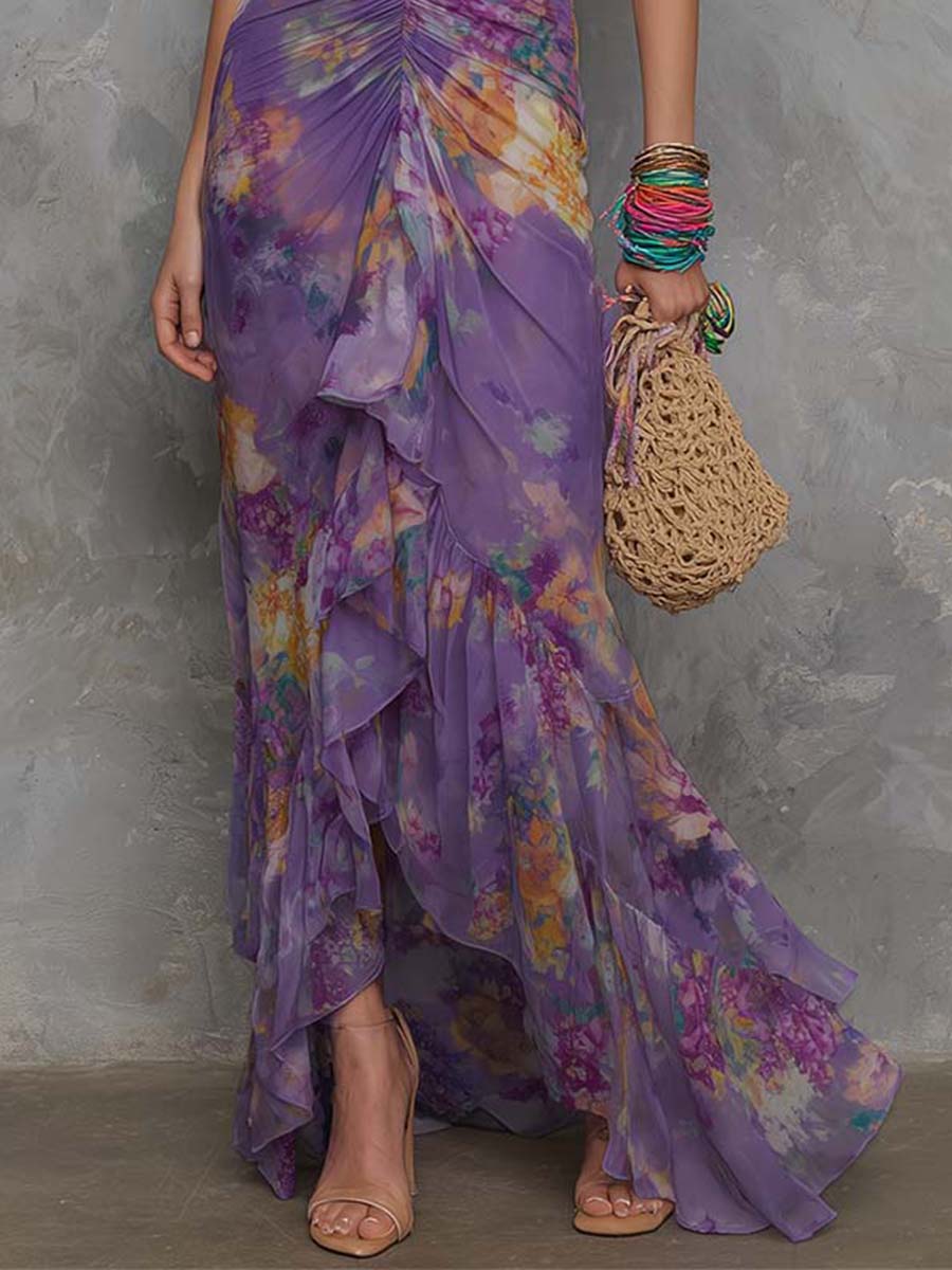 Elegante Maxi Dress in Chiffon Viola con Scollo All'Americana