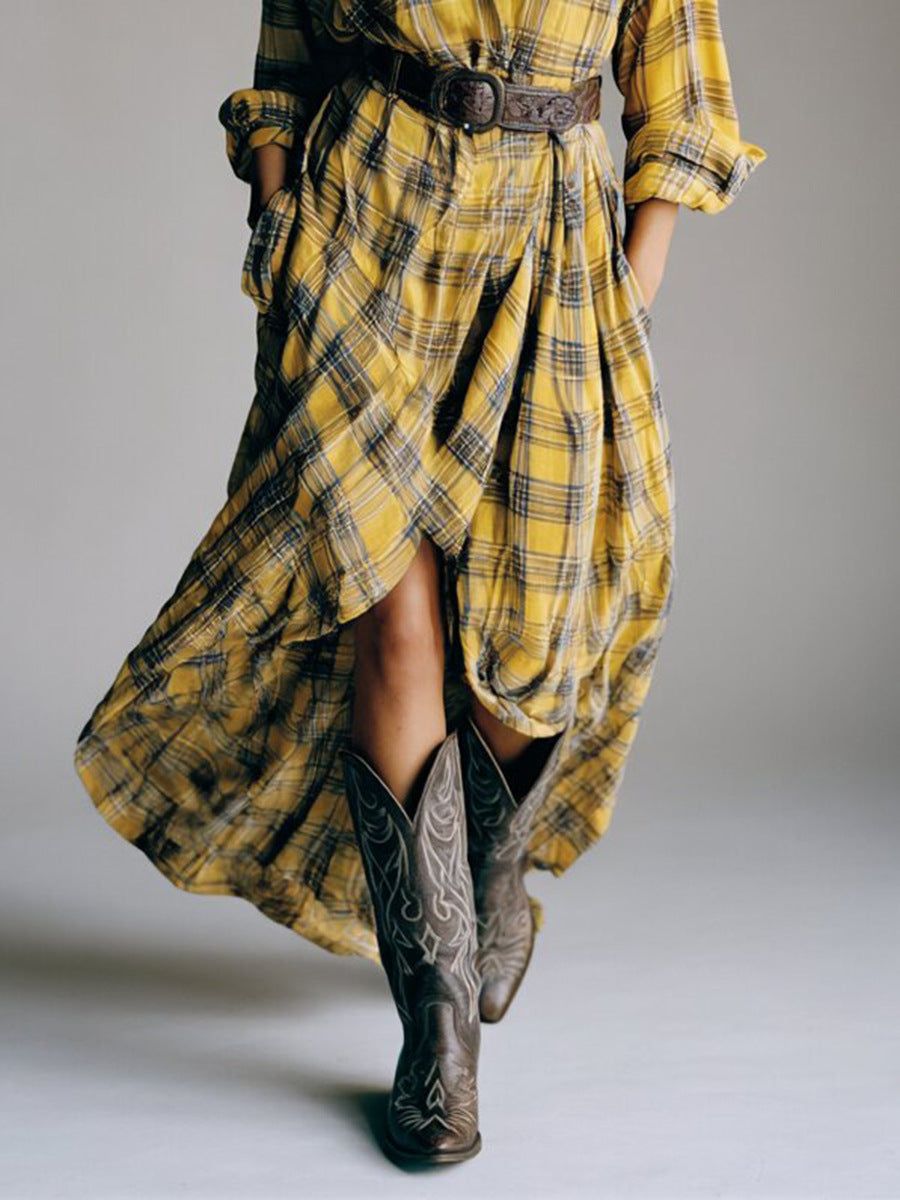 Abito camicia casual loose in plaid retro con cintura