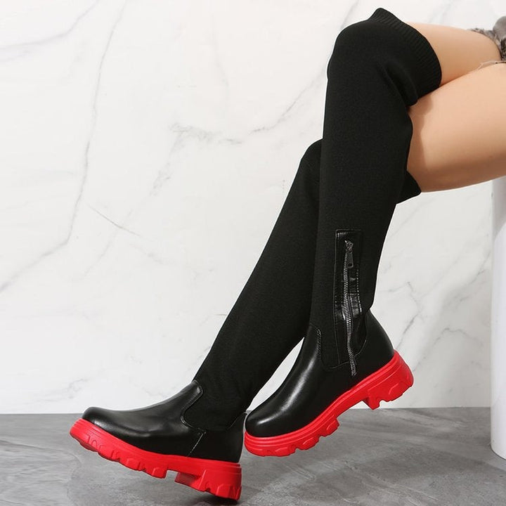 Stivali da donna platform in flyknit con punta rotonda sopra il ginocchio