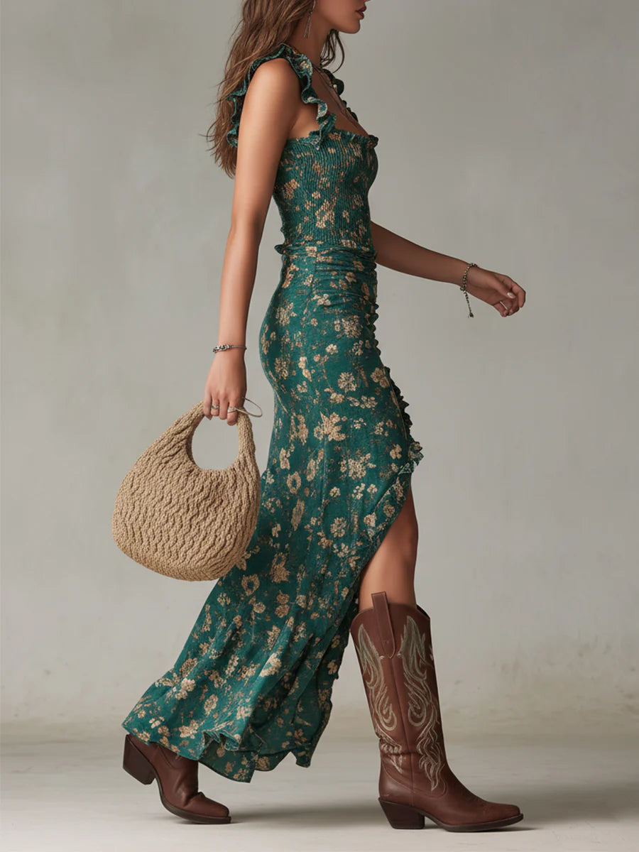 Abito Maxi Stampato Verde Bohemien con Maniche a Volant