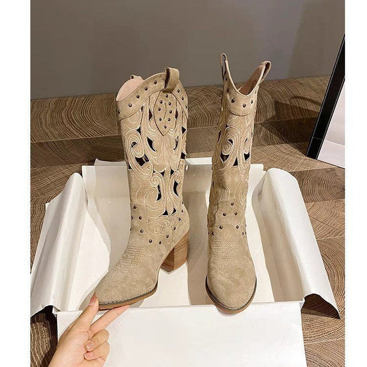 Stivali Western in suede con tacco chunky ricamato e traforato