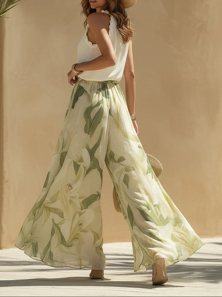 Set di Top Senza Maniche in Chiffon con Volant e Pantaloni con Stampa di Gigli