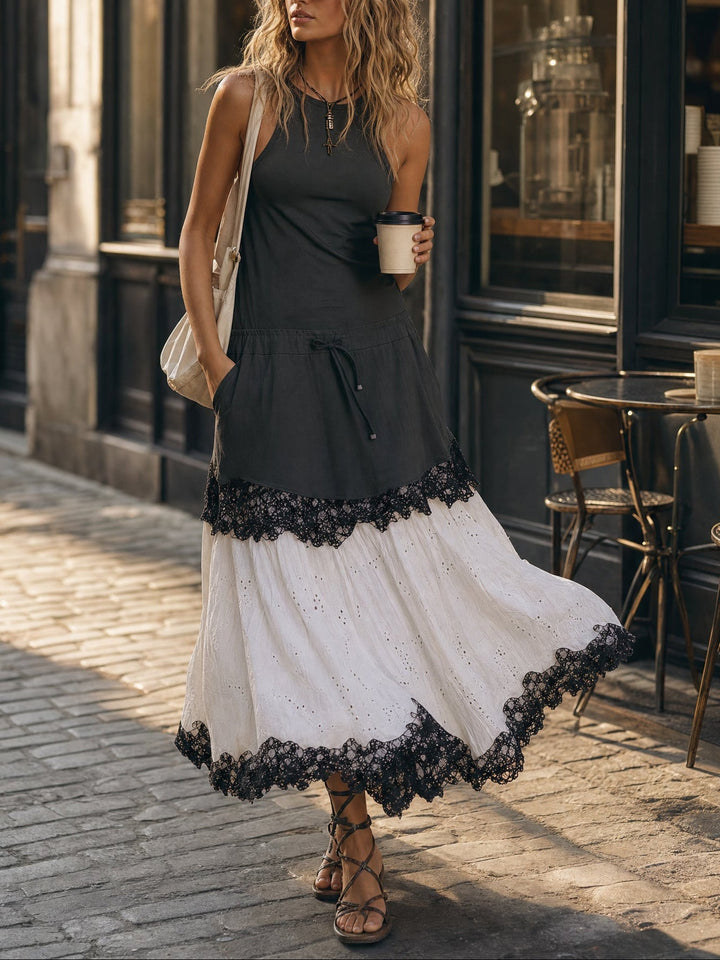 Abito maxi senza maniche bohemien con inserti in pizzo
