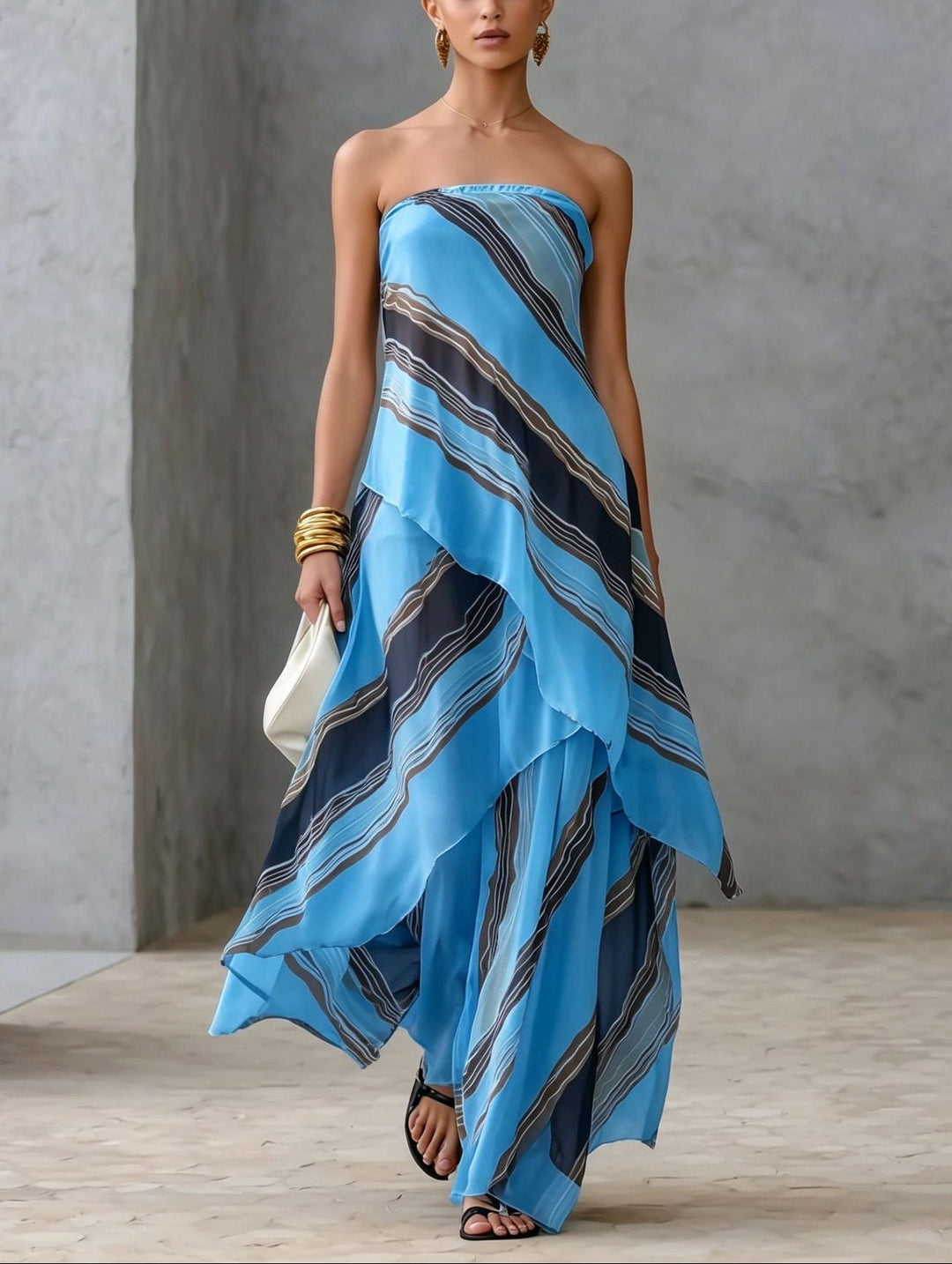 Abito Maxi Senza Spalline in Chiffon a Righe Casual