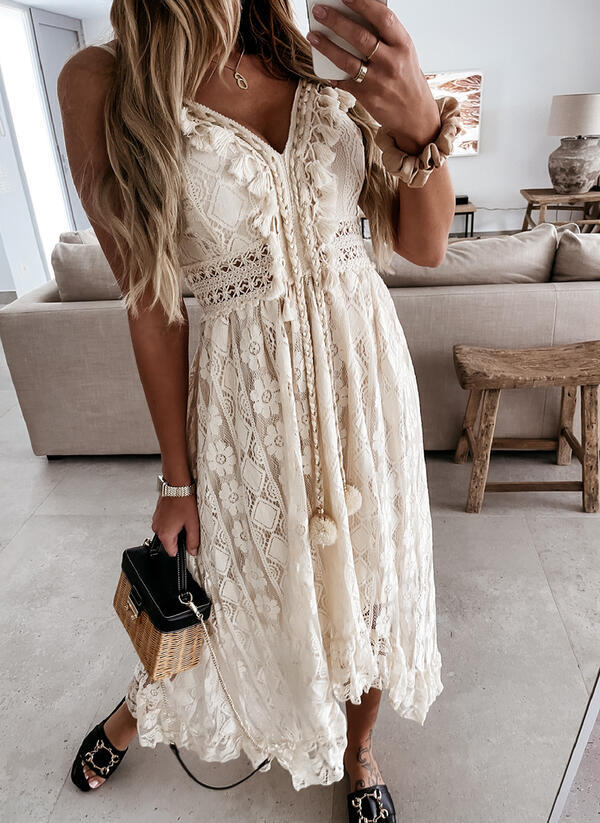Abito Maxi in Pizzo di Colore Solido con Gonna Ampia