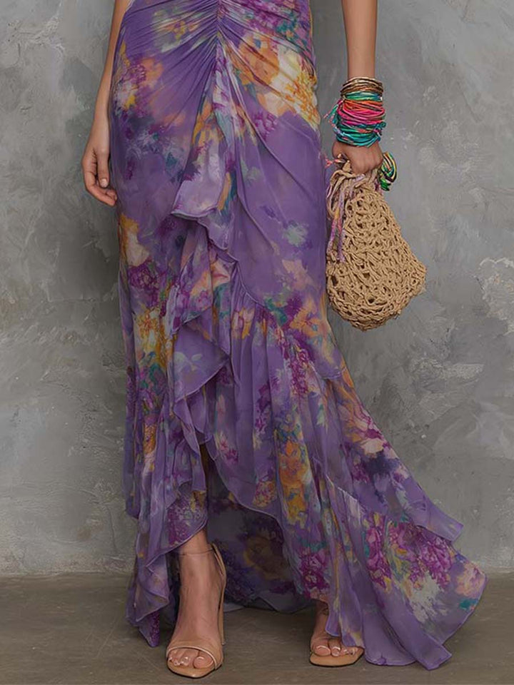 Elegante Maxi Abito Halter in Chiffon Viola Floreale