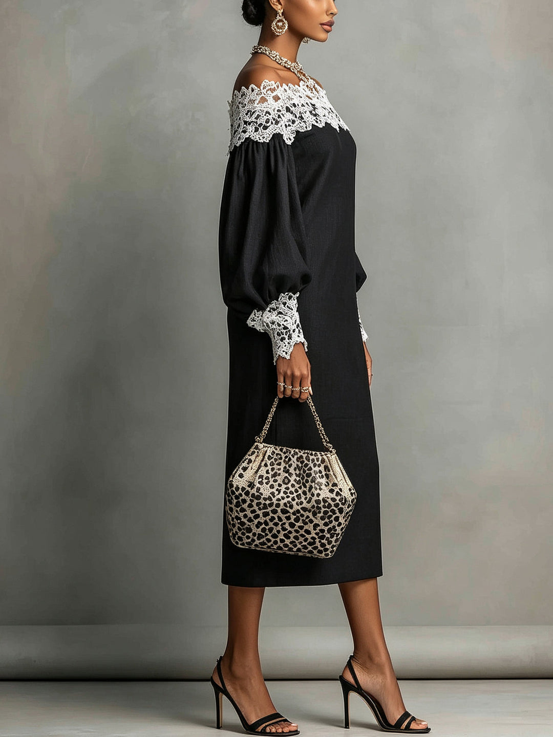 Abito midi nero off-the-shoulder con dettagli in pizzo a contrasto