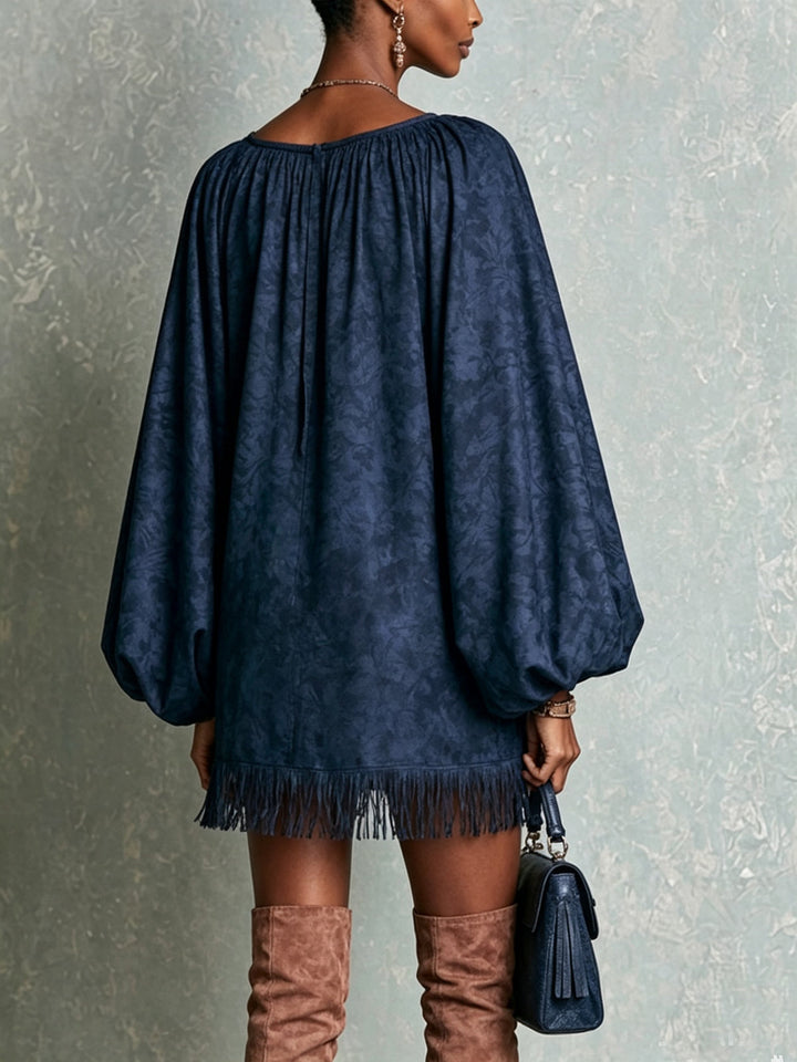 Abito Mini Blu Navy con Lacci e Orlo Frangiato