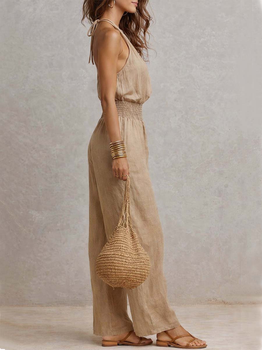 Jumpsuit khaki con scollo all'americana e vita alta