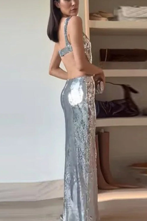 Abito Maxi Senza Maniche con Spalline e Paillettes