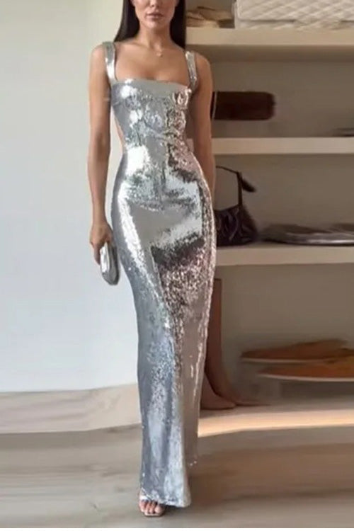Abito Maxi Senza Maniche con Spalline e Paillettes