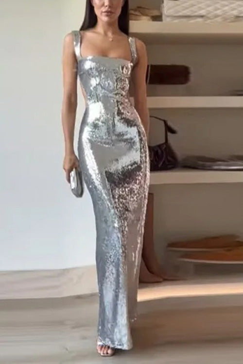 Abito Maxi Senza Maniche con Spalline e Paillettes