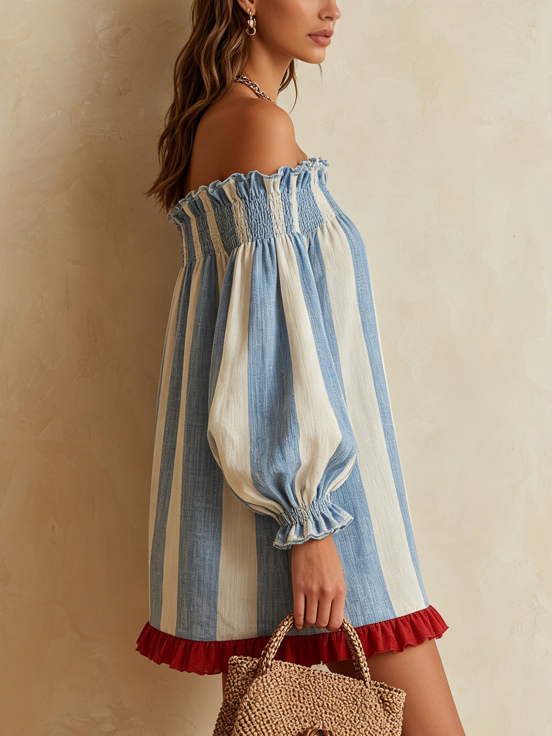 Ondine | Mini Abito a Righe Blu e Bianco con Spalle Scoperte e Orlo Contrasto