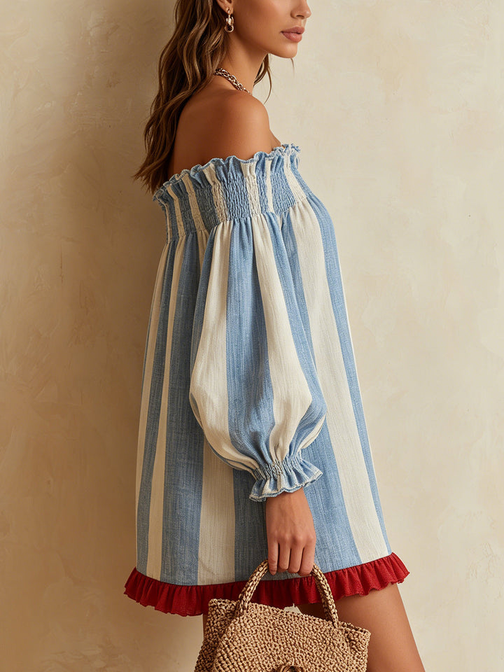 Ondine | Mini Abito a Righe Blu e Bianco con Spalle Scoperte e Orlo Contrasto